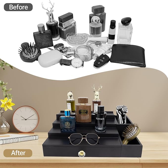 4 Tier Cologne Organizer Cologne Stand with Drawer and Hidden Compartment Cologne Holder for Men, Wood, Perfume Holder 2 in 1 Dresser Bathroom Organizer Men Room Essentials