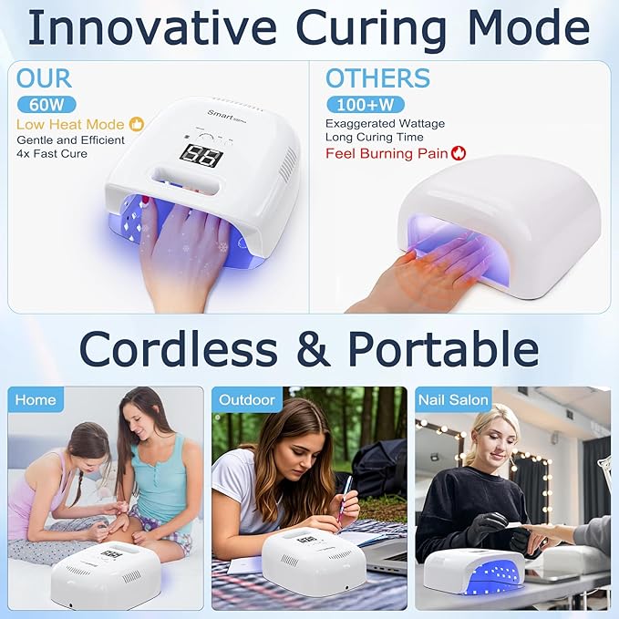 NAILGIRLS Cordless Rechargeable UV Nail Lamp, 60W Professional UV Light for Gel Nails with Metal Base, Portable Wireless LED Nail Dryer Fast Charger Curing Lamp 3 Timers for Salon or Home