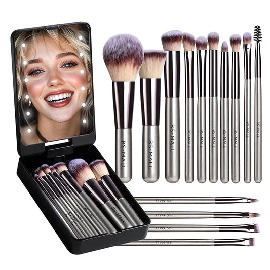 BS-MALL Travel Makeup Brush Set Foundation Powder Concealers Eye Shadows Makeup Set with LED light Mirror 14 Pcs (C-Champange)