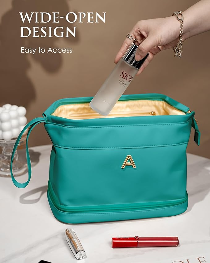 Colleague Birthday Gift for Her, Makeup Bags, Waterproof Double Layer Cosmetic Bag, Large Capacity PU Leather Makeup Bags Letter Travel Toiletry Bag, Initial Gifts for Coworkers