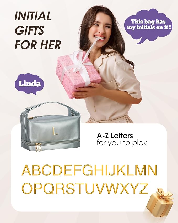 Monogram Gifts for Women, Personalized Makeup Bag with Handle, Initial Double Layer Cosmetic Bag with Makeup Brush Organizer, Cute Cosmetic Pouch for Women, Gifts for Friends Female Mom