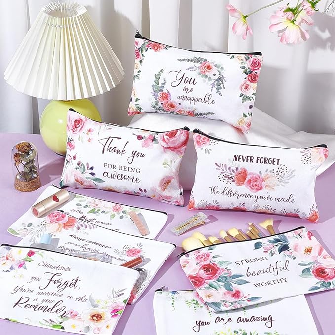 16PCS Canvas Cosmetic Bag Bulk Inspirational Quotes Makeup Bags Encouragement Travel Pouch Zipper Cosmetic Pouch Appreciation Gift for Women Teacher Friend Birthday Graduation(Flower)
