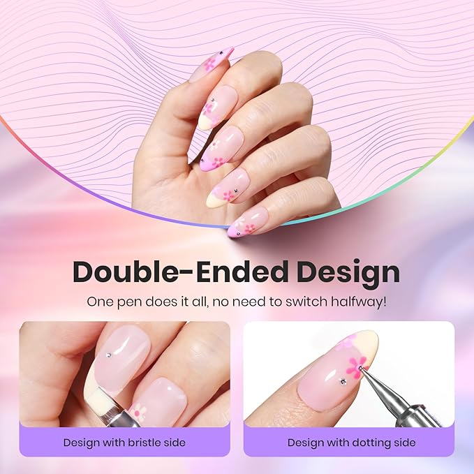 Beetles Nail Art Brushes, 8pcs Double-headed Nail Art Tool Set, Nail Dotting Tools, Striping Nail Art Brushes for Lines, Nail Drawing Pen with Bow knot Stickers Gift for Women