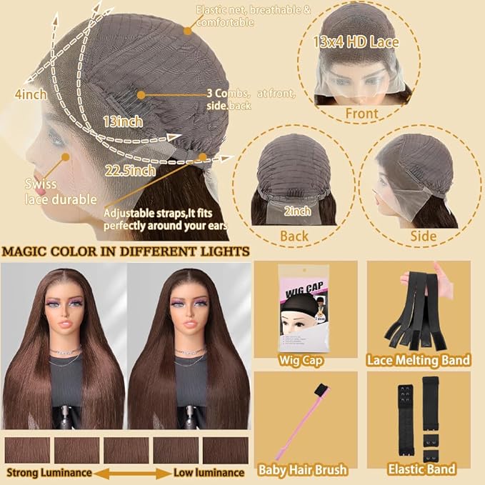Azkiu Brown Straight Lace Front Wigs Human Hair Straight 13x4 HD Lace Frontal Human Hair Wig Pre Plucked 150% Density Brazilian Virgin Human Hair Wig with Baby Hair for Women(32 Inch)