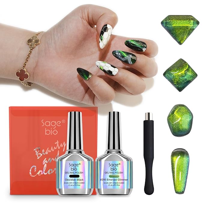 9D Cat Eye Gel Nail Polish Set, 15ml Black Gel + 15ml Emerald Glimmer Cat Eye Gel, Includes Silicone Handle Cylinder Magnetic Stick for Mesmerizing 9D Effects