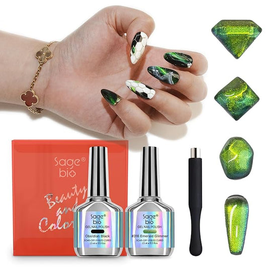 9D Cat Eye Gel Nail Polish Set, 15ml Black Gel + 15ml Emerald Glimmer Cat Eye Gel, Includes Silicone Handle Cylinder Magnetic Stick for Mesmerizing 9D Effects