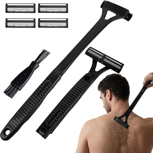 Back Shaver for Men with Foldable Long Handle, Premium Stainless Steel Body & Back Hair Trimmer, Portable Ergonomic Razor Groomer for Men, Replaceable Safety Blades, Wet or Dry Use Smooth Hair Removal