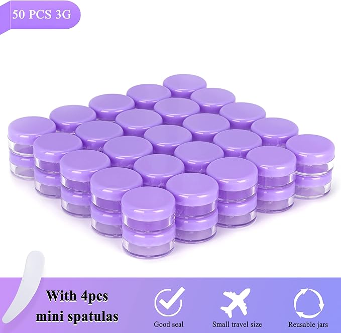 50PCS 3 Gram Sample Containers, 3ml Empty Jars with Lids, Small Cosmetic Containers, Mini Sample Jars with 4PCS Mini Spatulas for Make Up, Oils, Lotion, Powder, Paint, Jewelry, Lip Balms(Purple Lid)