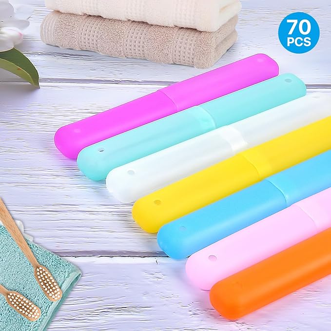 70 Pieces Travel Toothbrush Case, 7 Colors Portable Toothbrush Storage Holder Bulk Plastic Dust Proof Toothbrush Cover Protector Holder for Outdoor Trip Home Camping School