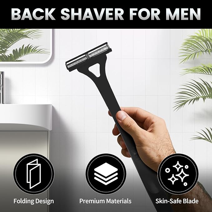 Back Shaver for Men with Foldable Long Handle, Premium Stainless Steel Body & Back Hair Trimmer, Portable Ergonomic Razor Groomer for Men, Replaceable Safety Blades, Wet or Dry Use Smooth Hair Removal