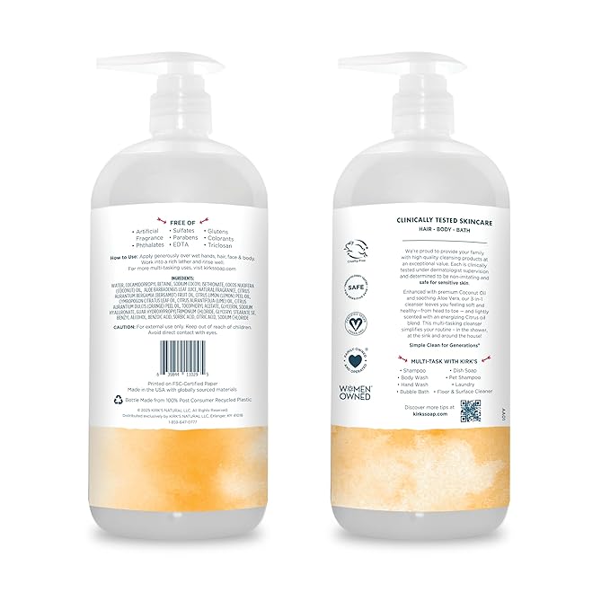 Kirk's 3-in-1 Head to Toe Nourishing Liquid Cleanser- for Men, Women & Children - Premium Coconut Oil & Aloe Vera- Non GMO & Vegan - Citrus Twist - 32 Fl Oz. - 2 Pack