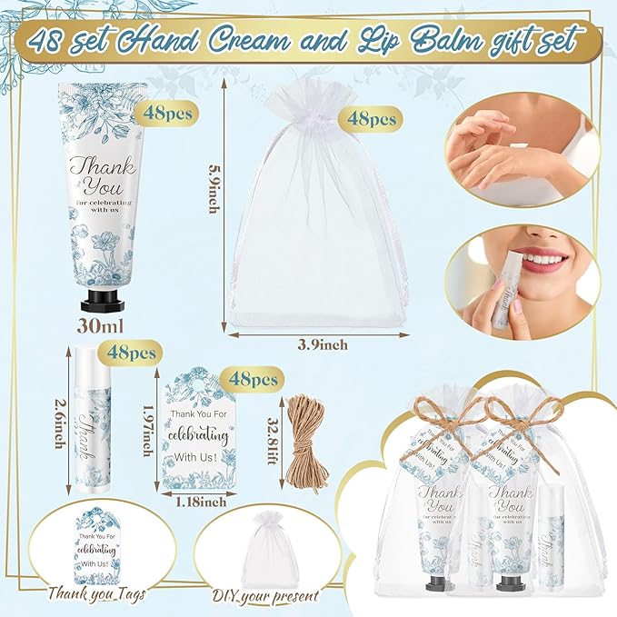 48 Sets 192 Pcs Baby Bridal Shower Hand Cream and Lip Balm Gift Baby Shower Wedding Party Favor Travel Size Hand Lotion and Lip Balm Bulk with Organza Bags Tags for Guests(Blue Flower)