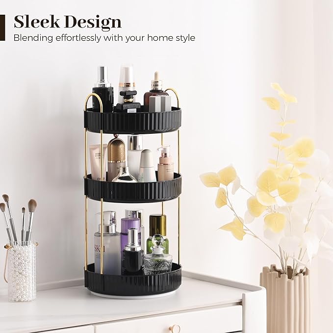 Aveniee 360 Rotating Makeup Organizer for Vanity, Large Spinning Bathroom Counter Organizer Shelf Holder for Cosmetics, Skin Care, Lipsticks (3 Tiers, Black)