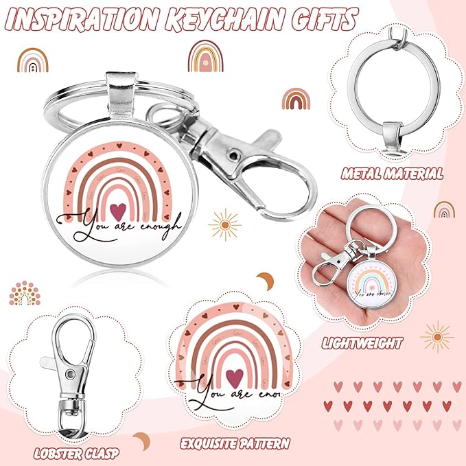 Pinkunn Rainbow Canvas Cosmetic Bag Bulk with Inspirational Quote Keychains Set 16 Pcs Cosmetic Bags 16 Pcs Keychains You are Amazing Beautiful Kind Travel Pouch Zipper for Graduation Gift