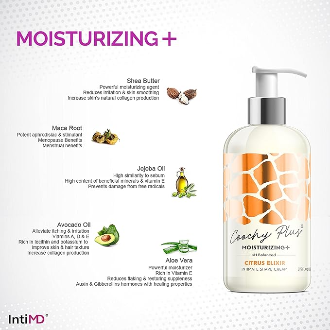 IntiMD Coochy Plus HydroLock Moisturizing+ 3-Steps Kit Intimate Shave Gift Set: Nouria Pre-Shave Elixir Oil + Coochy Plus Shave Cream Citrus Elixir + Coochy Plus After Shave Protection Mist