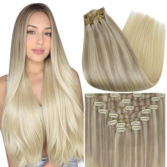 Full Shine Blonde Highlight Clip in Hair Extensions Blonde Hair Extensions Clip in Human Hair Balayage Human Hair Extension for Women for Long Hair 7 Pcs 22 Inch 120 G