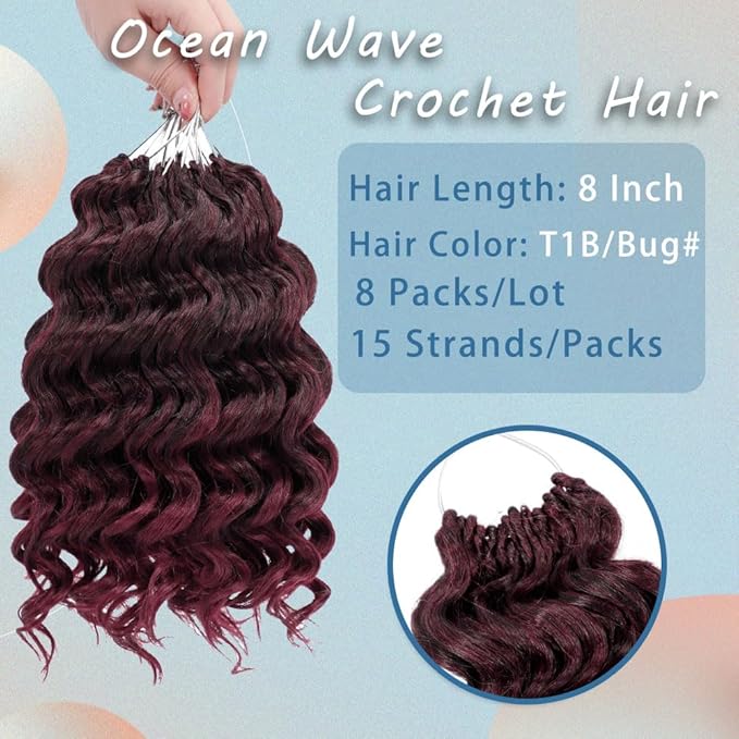 8 Packs Ocean Wave Crochet Hair Water Wave Crochet Braids for Women 8 Inch Short Curly Crochet Hair Beach Curl Deep Twist Crochet Braids Synthetic Braiding Hair Extensions (8 Inch, T1B/Bug#)