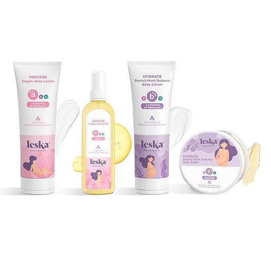 Leska Pregnancy Stages A & B Set | Belly Lotion, Belly Oil, Stretch Mark Defense Cream & Butter | Pregnant Mom Months 1-9 | Part of Complete 3-Part Pregnancy Skincare System (Set of 4, 4-4.93oz)