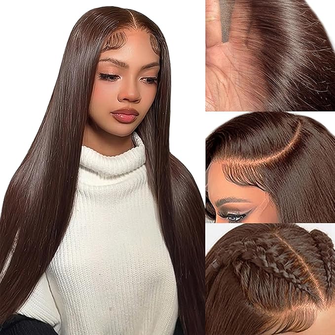 Azkiu 28Inch Brown Straight Human Hair Lace Front Wigs 13x4 HD Lace Frontal Chocolate Human Hair Wig Pre Plucked with Baby Hair 150% Density Brazilian Virgin Hair Wigs for Women