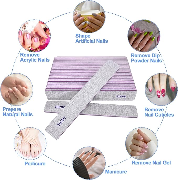 80/80 Grit Nail Files (24 Pack), Heavy Coarse Emery Boards for Acrylic Nails and Gel Nails, 80 Grits Double Sided Nail File Emory Professional Nail Filer Reusable Washable Manicure Square Gray