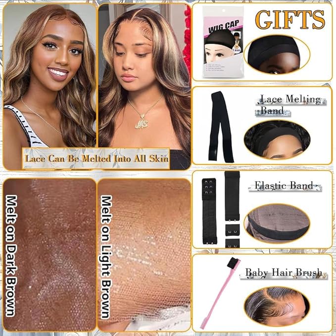 Azkiu Highlight Ombre Lace Front Wig Human Hair 4/27 Honey Blonde lace Frontal Wigs Pre Plucked with Baby Hair 13x4 Colored Body Wave HD Lace Front wig Human Hair Natural Hairline 150% Density18Inch