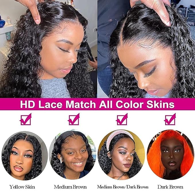 13x4 Curly HD Lace Front Wigs Human Hair Pre-plukced,180 Density HD Long Curly Human Hair Wigs for Black Women 10A Grade Glueless Unprocessed Virgin Deep Curly Hair Lace Frontal Wigs 28Inch
