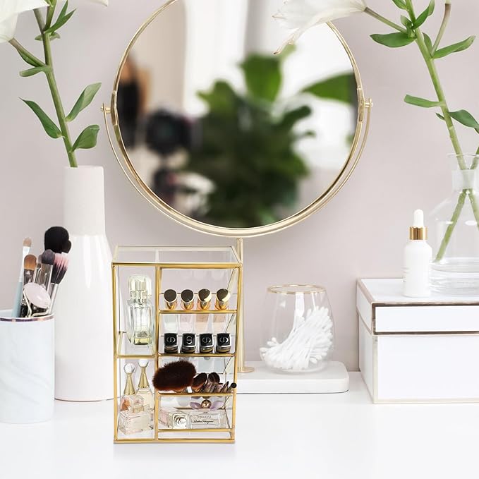 ELLDOO Rollerball Perfume Organizer, 6 Compartment Clear Glass Perfume Storage Holder Vintage Beauty Scent Holder, Metal Makeup Lipgloss Lipstick Display Case