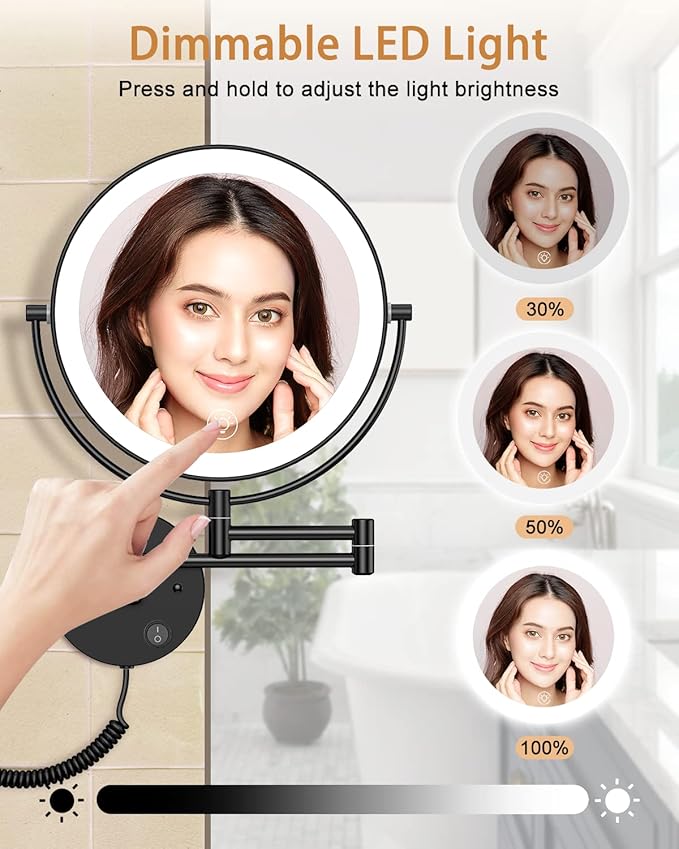 Benbilry 9" Large Wall Mounted Lighted Makeup Mirror, 1X/10X Magnifying Double-Sided AC Powered Bathroom Mirror with 3 Color Lights, Touch Dimmable, Extended Arm 360 Rotation, Black