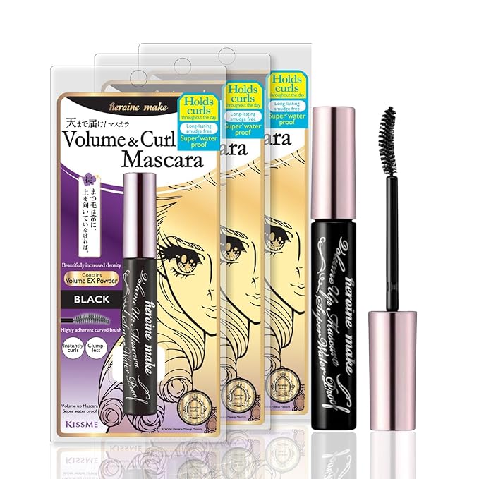 HEROINE MAKE by KISSME Mascara Trio Set | 3 Full-Size - Volumizing Eyemakeup Mascara with Waterproof Black Curvy Brush, Defining Fiber Long-lasting False Eyelash Effect, Made in Japan