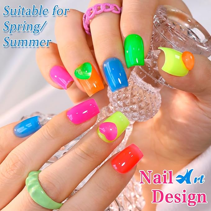 JR Gel Nail Polish 10pcs 0.4oz Neon Gel Nail Polish Set - Vibrant Neon Colors Nail Art Kit for Rave & Summer Festivals, Elegant Bow Bottle Design, Quick Dry & Chip-Resistant Gifts for Women E Model