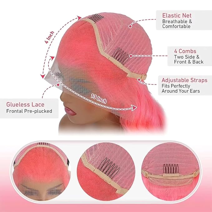 26 Inch Pink Human Hair Wig 13x4 Body Wave HD Lace Front Wigs Human Hair Pre Plucked Color Wigs Human Hair 200 Density Pink Lace Frontal Wig Glueless Wigs for Women