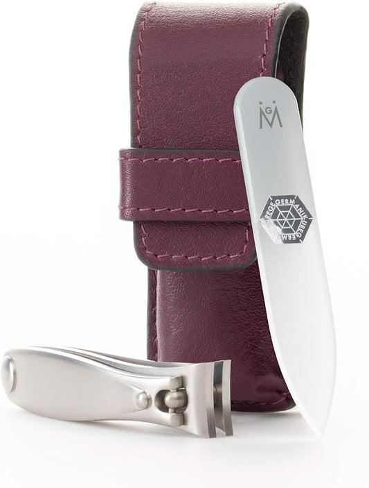 GERMANIKURE Nail Clipper and Glass Nail File Set in Purple Leather Case - Made in Solingen Germany of FINOX Stainless Steel, Glass Nail Care Supplies Made in Czech Republic