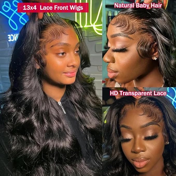 13x4 Body Wave Lace Front Wigs Human Hair for Women 180% Density HD Transparent Lace Frontal Wigs Human Hair Pre Plucked with Baby Hair Glueless Wigs Human Hair 32 Inch Long Black Wig