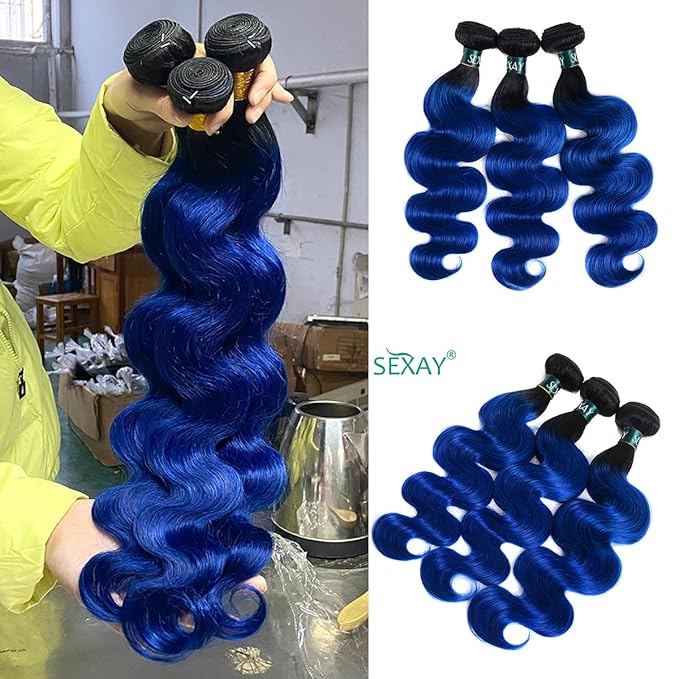 SEXAYHAIR Blue Bundles Brazilian Remy Human Hair 1b/blue Body Wave Human Hair, 2 Tone Ombre Hair 3 Bundles Unprocessed Blue Hair for Women (12 14 16 Body 1b/blue)