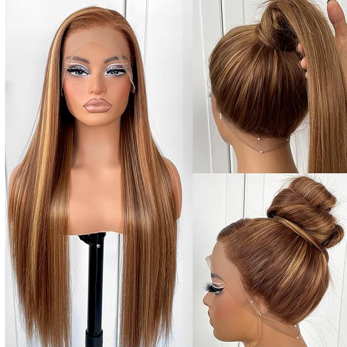 360 Highlight Ombre Lace Front Wig Pre Plucked Honey Blonde Long Straight HD Lace Front Wigs Yaki Synthetic Glueless Straight Lace Front Wig 32inch