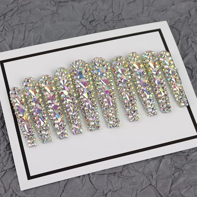 3D Extra Long Tips Acrylic Eternal Stunning Handmade with Full Covered Crystals Press On Nails,Salon False Nails with Design Nail Art Gifts for Women and Girls,Reusable Stick On Nails 10Pc,Size M