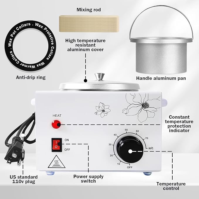 600ML Single Wax Warmer Machine Wax Pot for Hair Removal, Professional Electric Wax Heater with Adjustable Temperature Set for Women Men with 20PCS Wooden Wax Sticks
