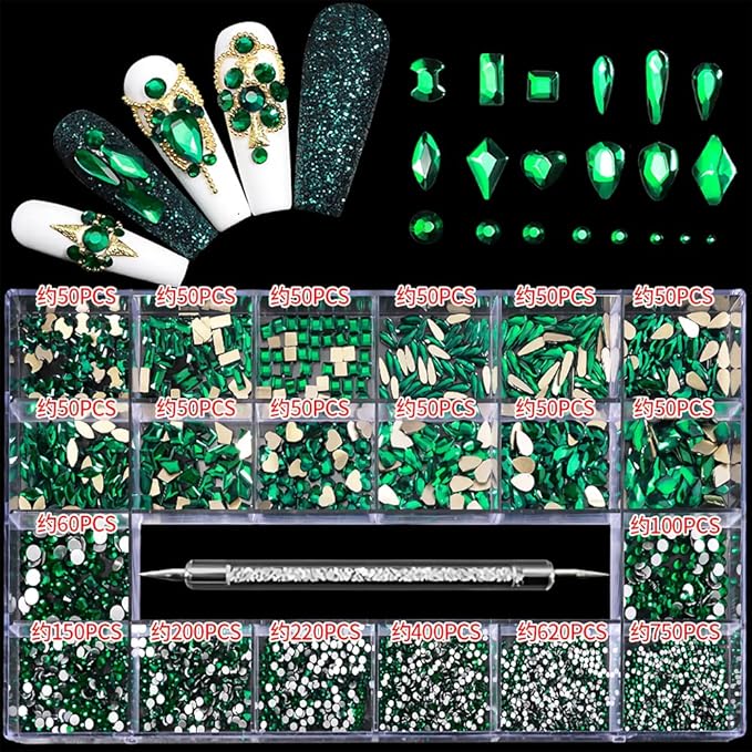 3100Pcs Nail Crystal Rhinestones Kit, Mix Shapes AB Glass, 3D Diamonds Flatback Crystals, with a Drill Pen, Nail Crystal Non Hotfix, Nail Art Decoration (Green)