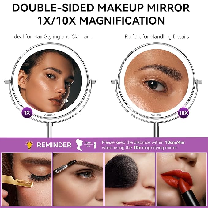 8" Lighted Makeup Mirror Rechargeable 1X/10X Magnifying Mirror with 3 Dimmable Colors Light, Double Sided Vanity Mirror with Stand, 360° Rotation Touch Screen Tabletop, Chrome