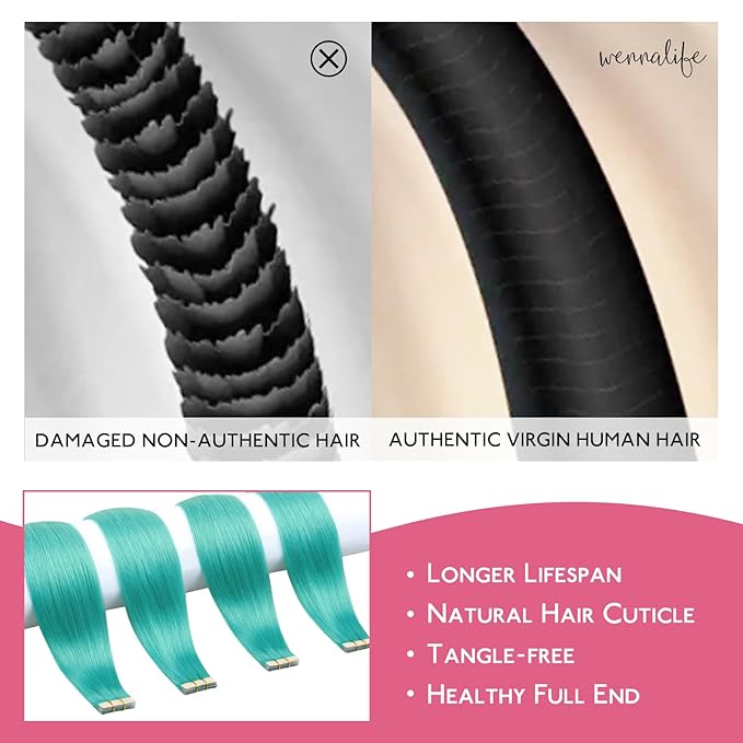 WENNALIFE Tape in Hair Extensions Human Hair Teal Green Tape in Extensions, 10pcs 30g 26 inch Remy Invisible Tape Ins Straight Colored Soft Real Human Hair Tape in Extensions Refill Set Extensions