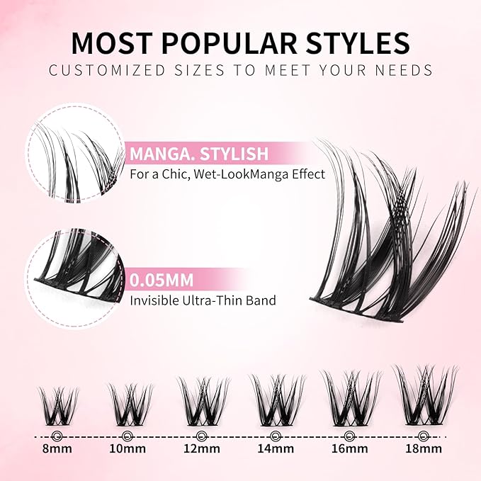 Flora Lash Clusters Kit 8-18mm Hybrid Volume Wispy Eyelash Clusters D Curl - WideSpan DIY Eyelash Extension Kit Spiky Cat Eye Lashes Individual Fake Eyelashes Clusters Kit 0.05mm Ultra-Thin Black Band