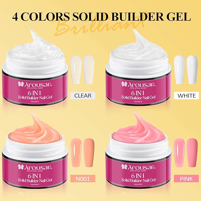 Solid Builder Nail Gel Kit, 4 Colors Non Stick Nail Extension Gel Set, Clear White Pink Apricot Nail Gel with Powder and Decorations Manicure Tools DIY at Home for Professional Salon