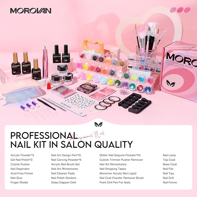 Morovan Acrylic Nail Kit: Professional Starter Set with Drill, Lamp, Powder, Polish & Accessories for Beginners