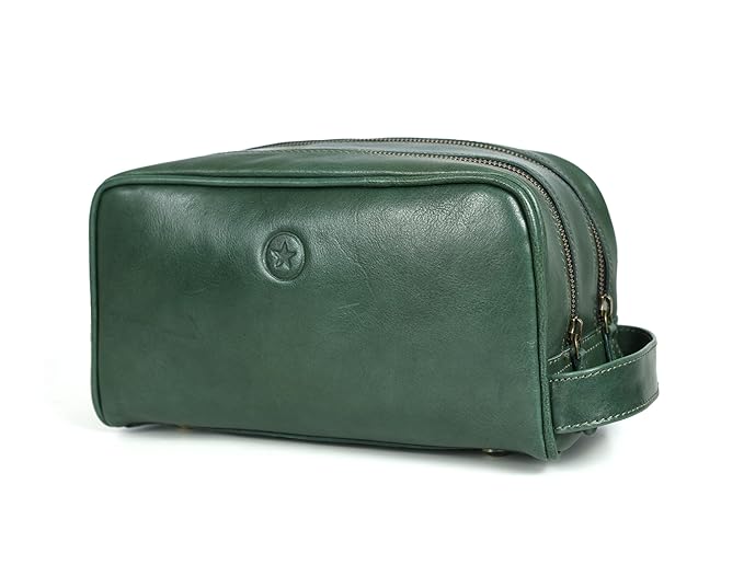 Aaron Leather Goods Leather Toiletry Bag for Men and Women Brown 10.5 Inch (Green)