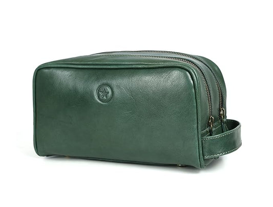 Aaron Leather Goods Leather Toiletry Bag for Men and Women Brown 10.5 Inch (Green)
