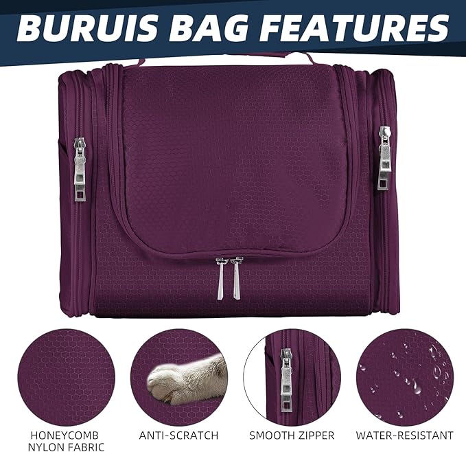 Buruis Large Capacity Toiletry Bag for Women and Men, Hanging Toiletry Organizer Cosmetics Makeup Bag, Water-resistant Dopp Kit Shaving Bags for Full Sized Toiletries, Travel Essentials (Purple)