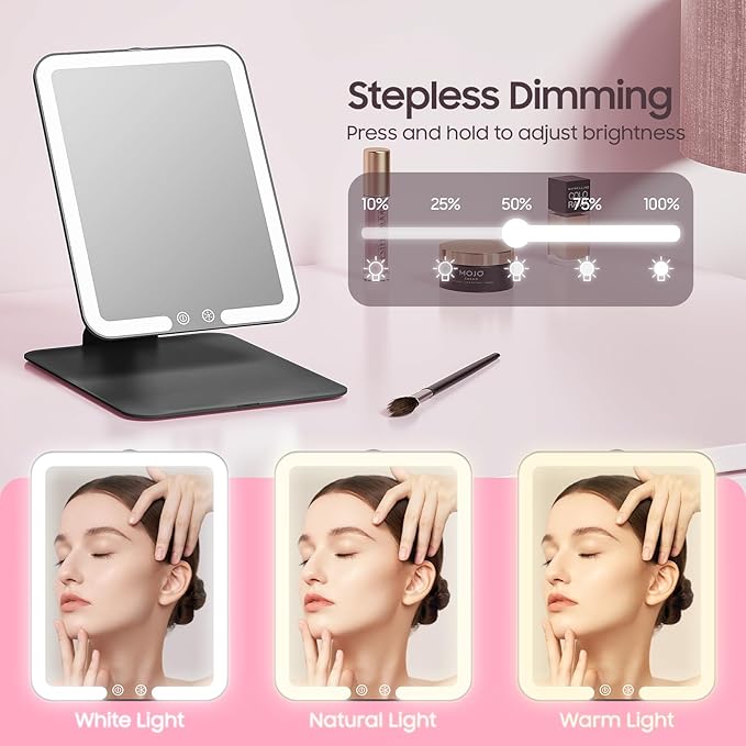 Benbilry Foldable Travel Makeup Mirror with Lights and 20X Magnification, Rechargeable Tabletop LED Vanity Mirror with Adjustable Stand, 3-Colored Dimmable Lighting, Portable Cosmetic Mirror, Black
