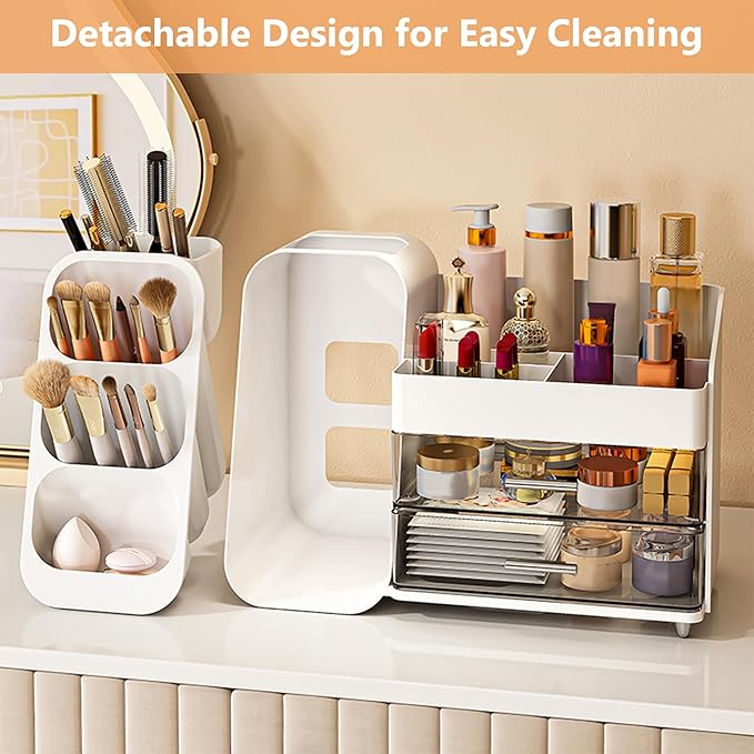 Makeup Organizer for Vanity, Large Capacity Display Case with Drawers for Skincare, Brushes, Lipsticks, Cosmetics, Perfect for Bathroom, Bedroom Storage(White)
