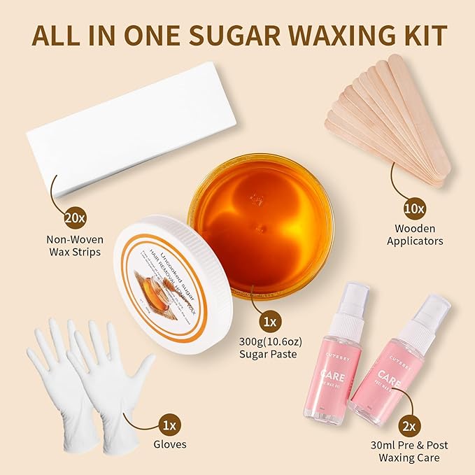 Sugar Wax Kit for Hair Removal: 300g/10.6oz Organic Sugaring Wax for Face Body Legs Bikini Back - with Large Strips and Sticks, Care Oils, Gloves