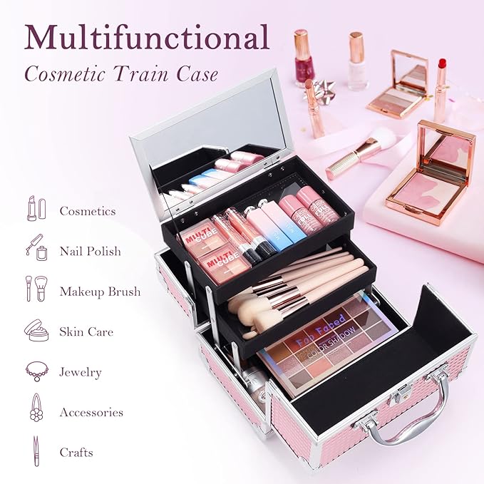 FRENESSA Makeup Box Organizer Portable Cosmetic Train Case Travel Makeup Case with Mirror Locking Make Up Cases Organizers and Storage for Artist Nail Supplies Hard Cosmetic Box Pink